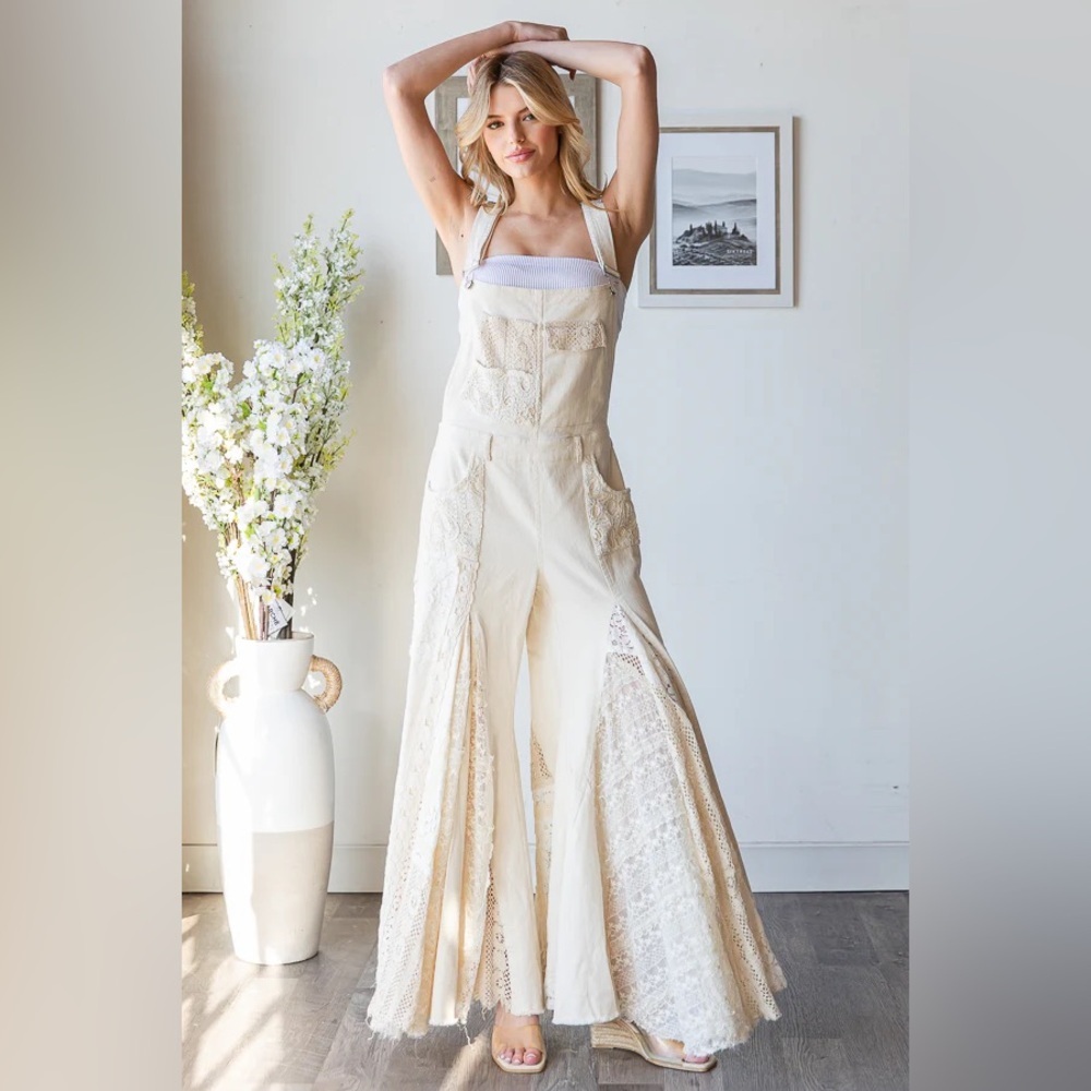 OLI & HALI MULTI LACE PATCHWORK WIDE LEG OVERALLS in cream